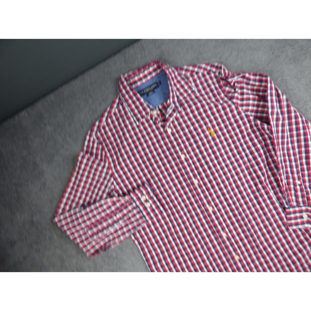 US Polo Assn Mens Medium Red Blue Gingham Check Long Sleeve Button Down Shirt